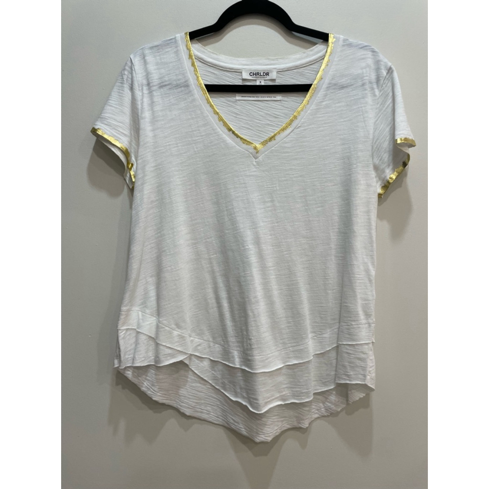 CHRLDR White & Gold Vneck T-Shirt Mock Layer Ava S Coastal Lightweight Casual